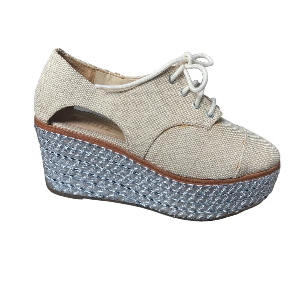 SCHUTZ Cream Lace-Up Platform Wedges with Silver Braided Sole